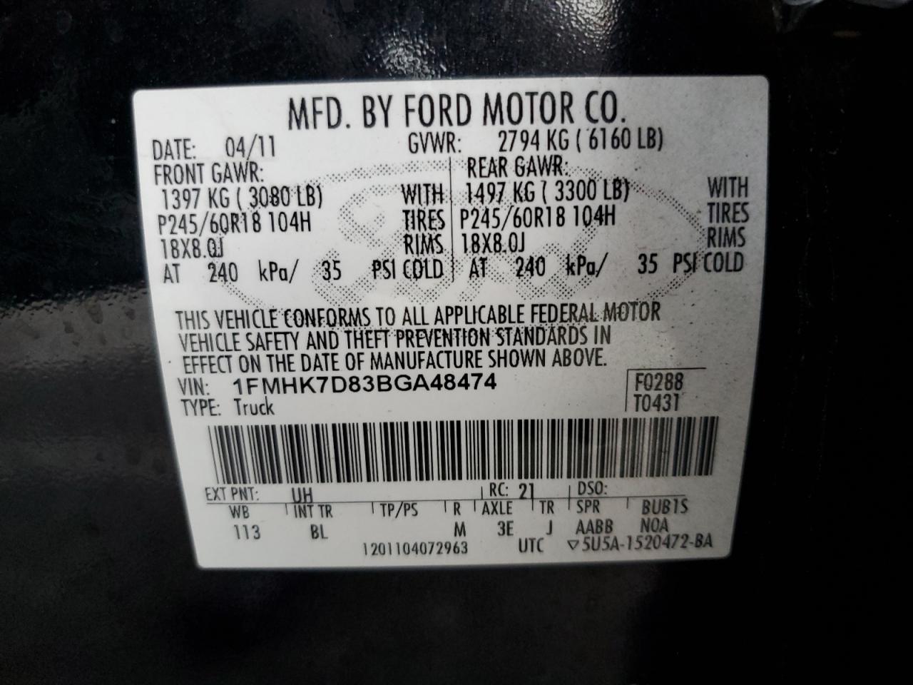 2011 Ford Explorer Xlt VIN: 1FMHK7D83BGA48474 Lot: 81496175