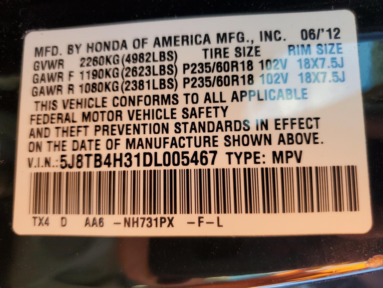 2013 Acura Rdx VIN: 5J8TB4H31DL005467 Lot: 80423315