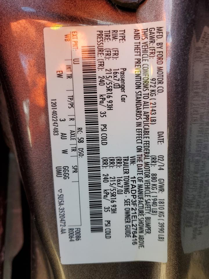 2014 Ford Focus Se VIN: 1FADP3F21EL276416 Lot: 81950225