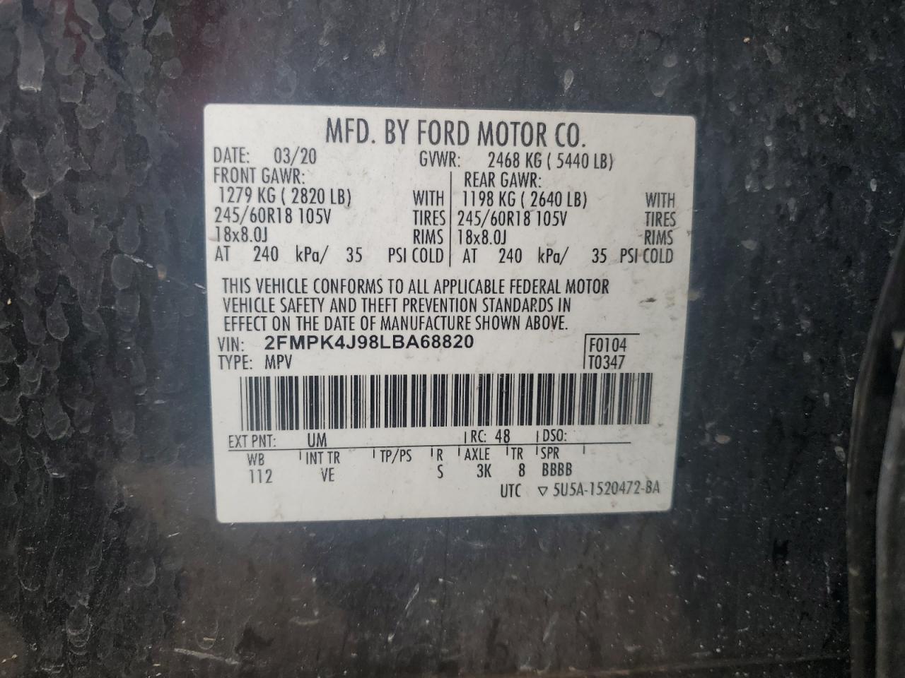 2020 Ford Edge Sel VIN: 2FMPK4J98LBA68820 Lot: 81772395