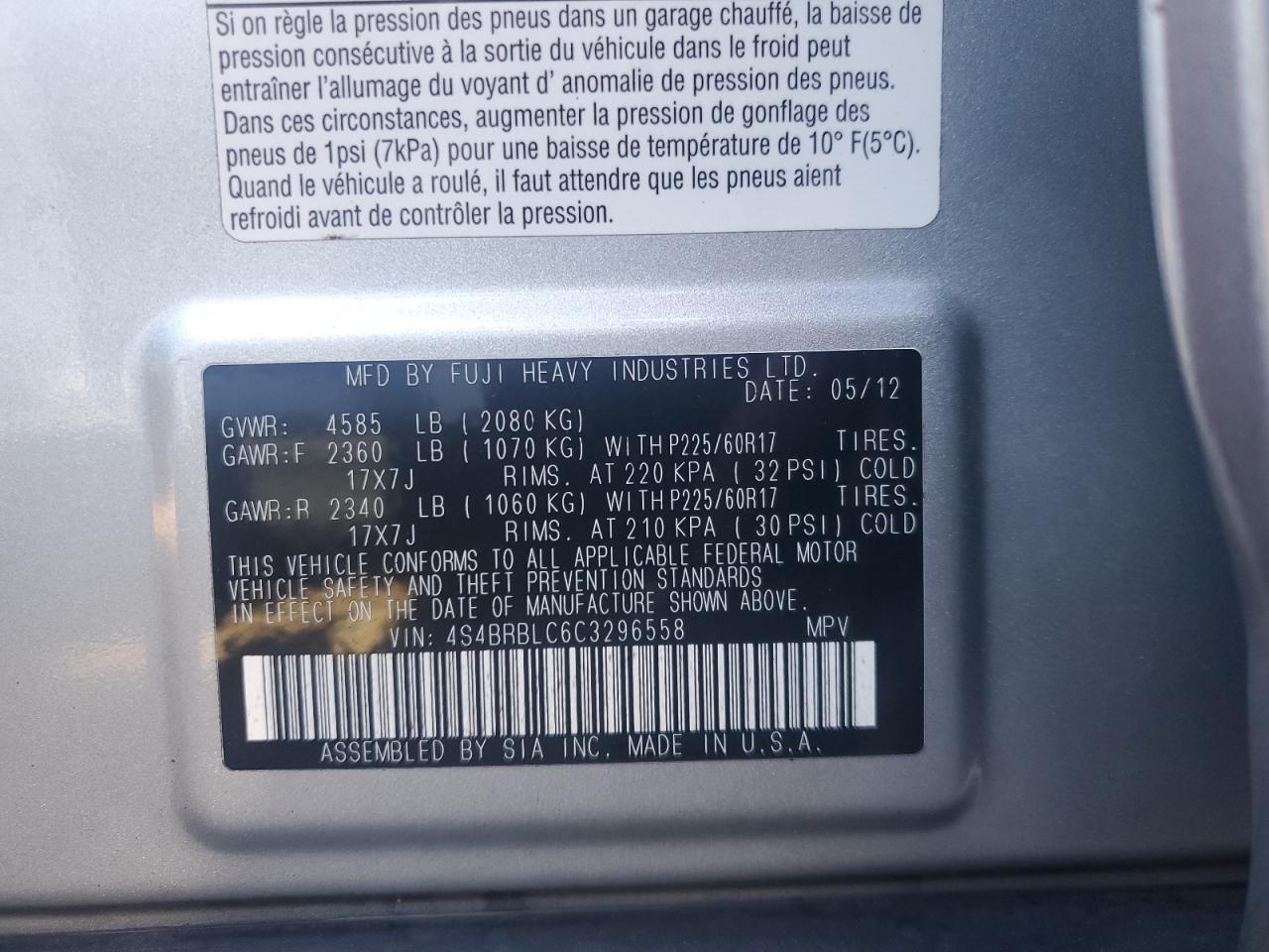 2012 Subaru Outback 2.5I Limited VIN: 4S4BRBLC6C3296558 Lot: 83873695