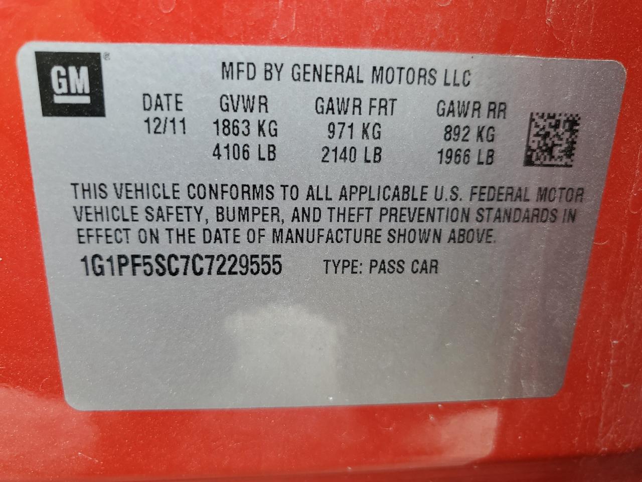 2012 Chevrolet Cruze Lt VIN: 1G1PF5SC7C7229555 Lot: 82095685