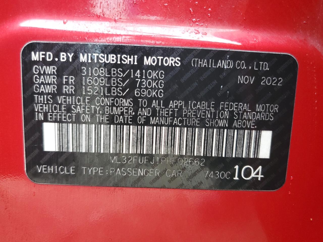 2023 Mitsubishi Mirage G4 Es VIN: ML32FUFJ1PHF02662 Lot: 80652545
