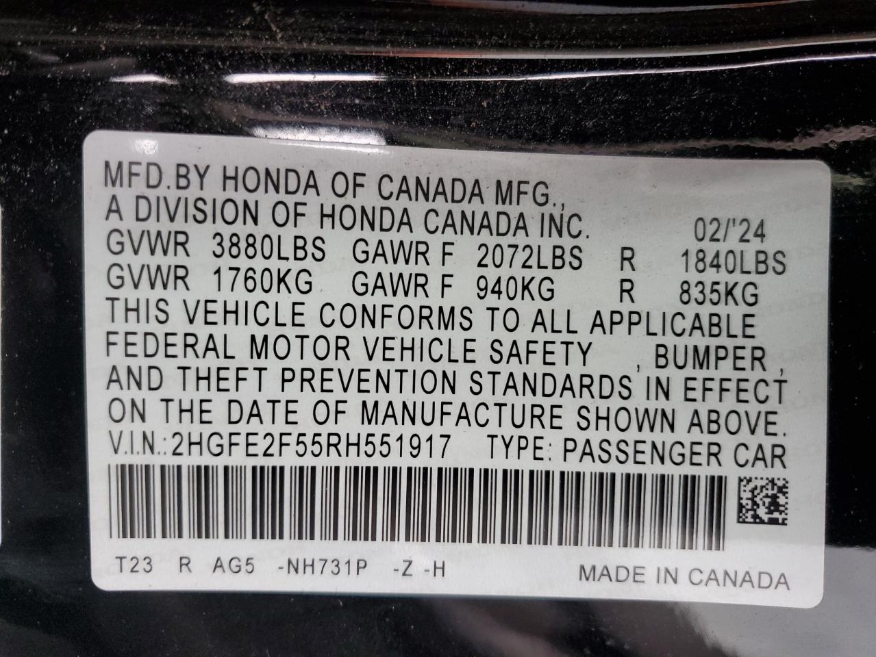 2024 Honda Civic Sport VIN: 2HGFE2F55RH551917 Lot: 83846525
