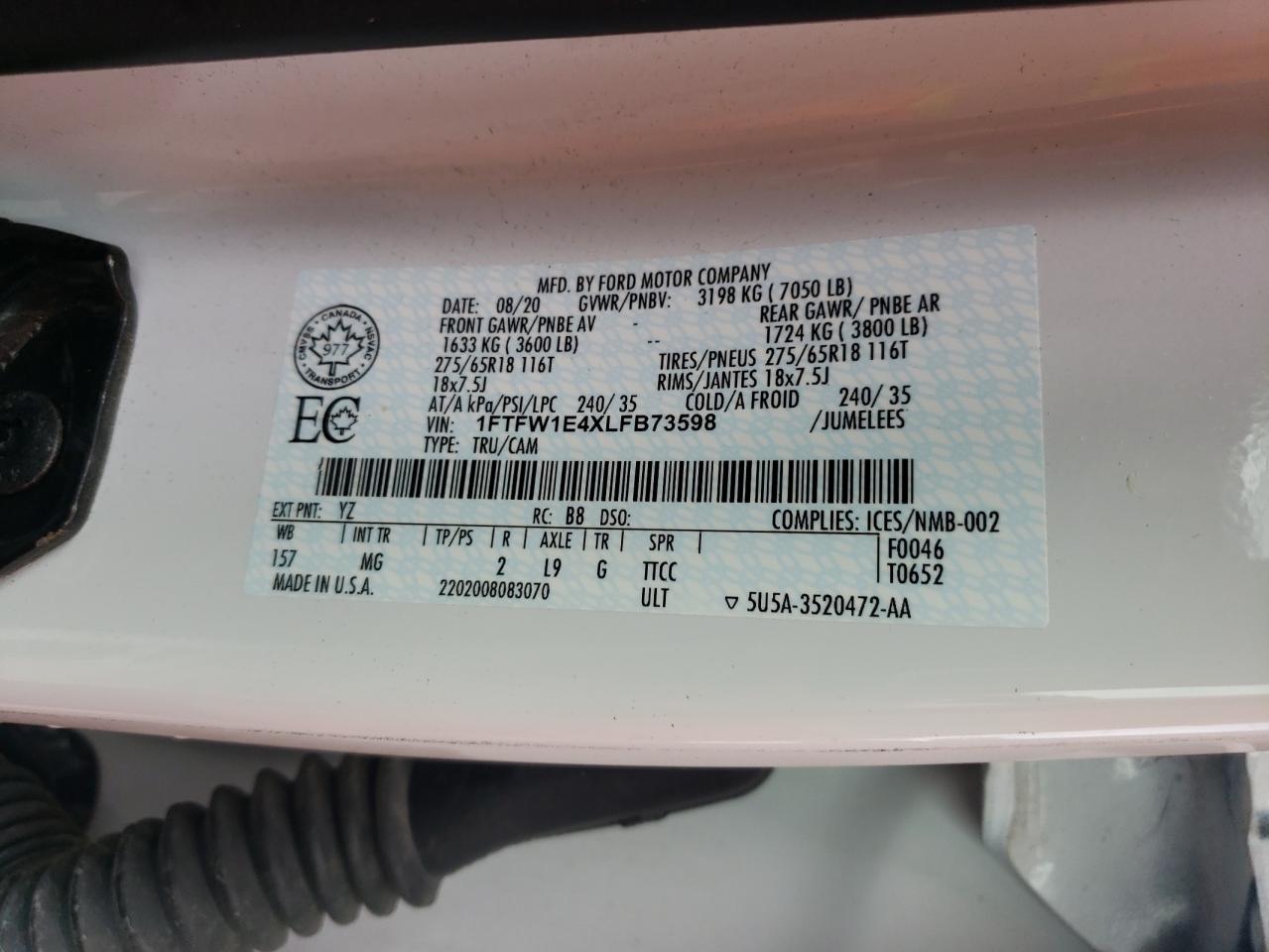 2020 Ford F150 Supercrew VIN: 1FTFW1E4XLFB73598 Lot: 82054185