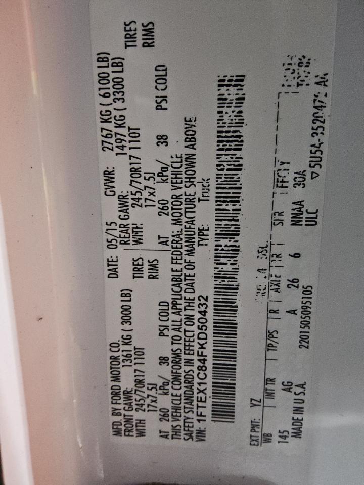 2015 Ford F150 Super Cab VIN: 1FTEX1C84FKD50432 Lot: 80588265