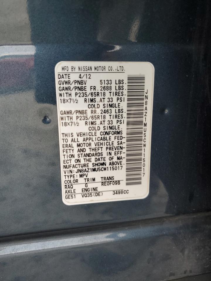 2012 Nissan Murano S VIN: JN8AZ1MU5CW115017 Lot: 81793375