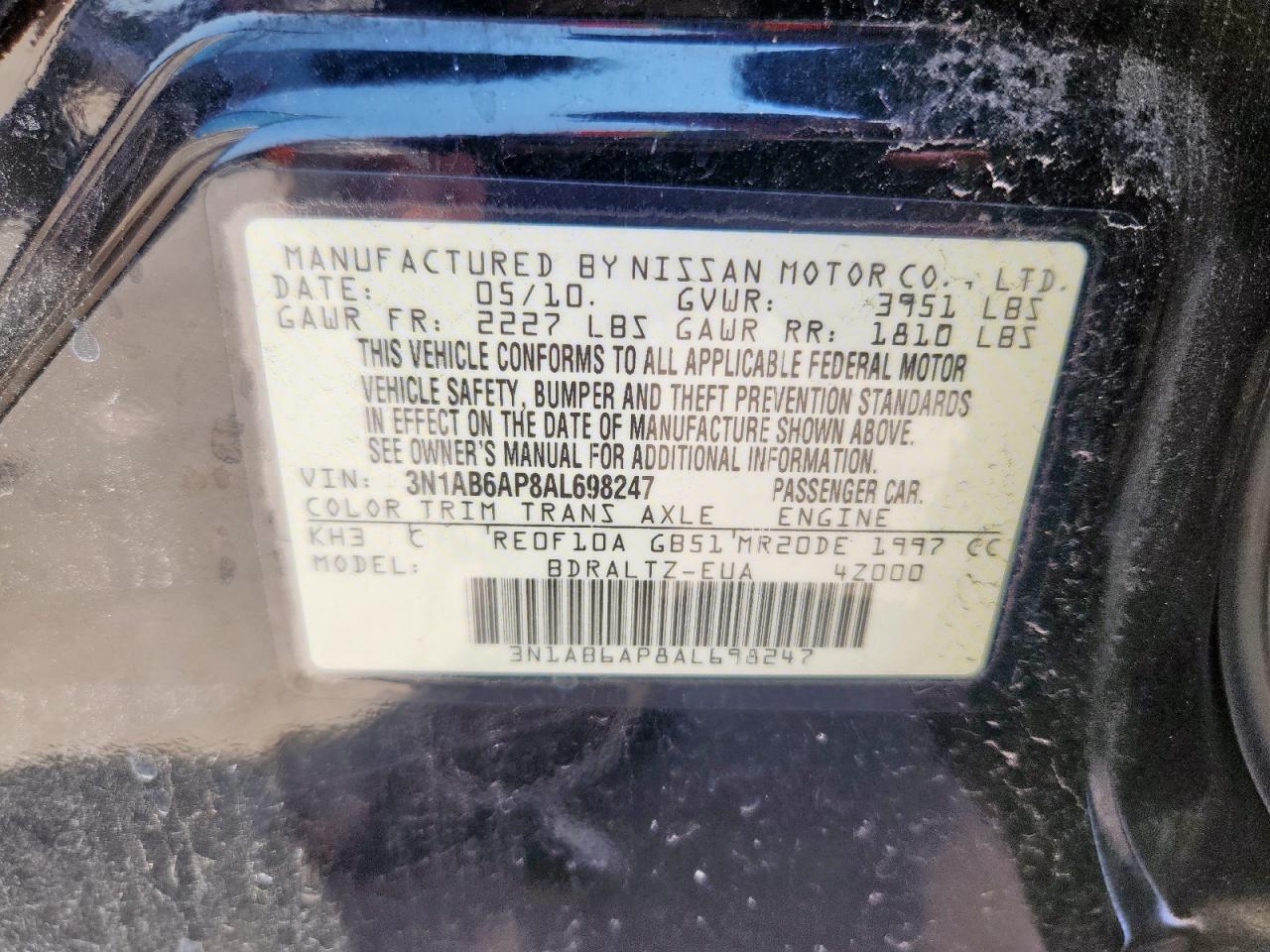 2010 Nissan Sentra 2.0 VIN: 3N1AB6AP8AL698247 Lot: 71783895