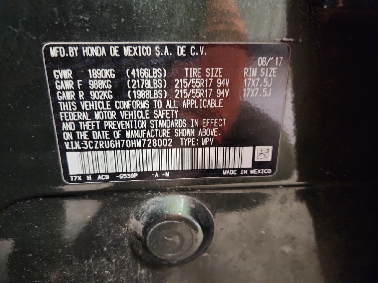 2017 Honda Hr-V Exl VIN: 3CZRU6H70HM728002 Lot: 80830525