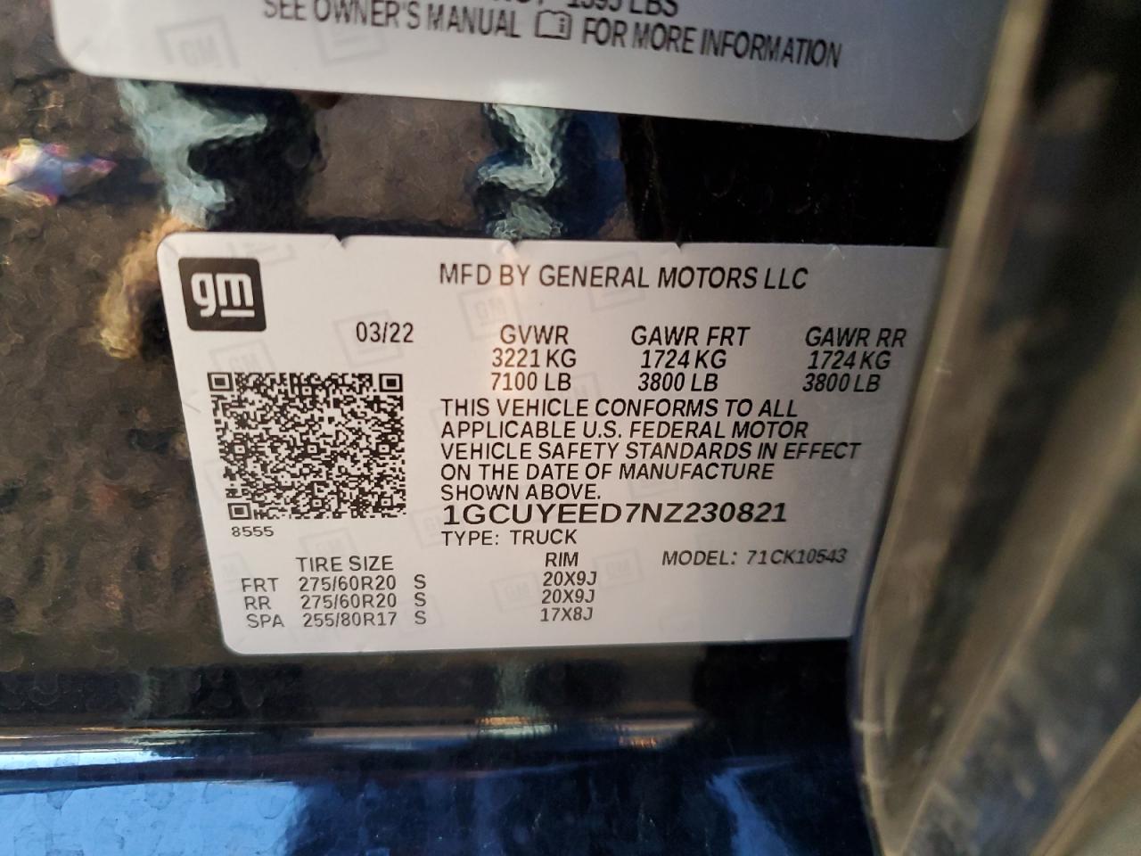 2022 Chevrolet Silverado Ltd K1500 Rst VIN: 1GCUYEED7NZ230821 Lot: 80338505