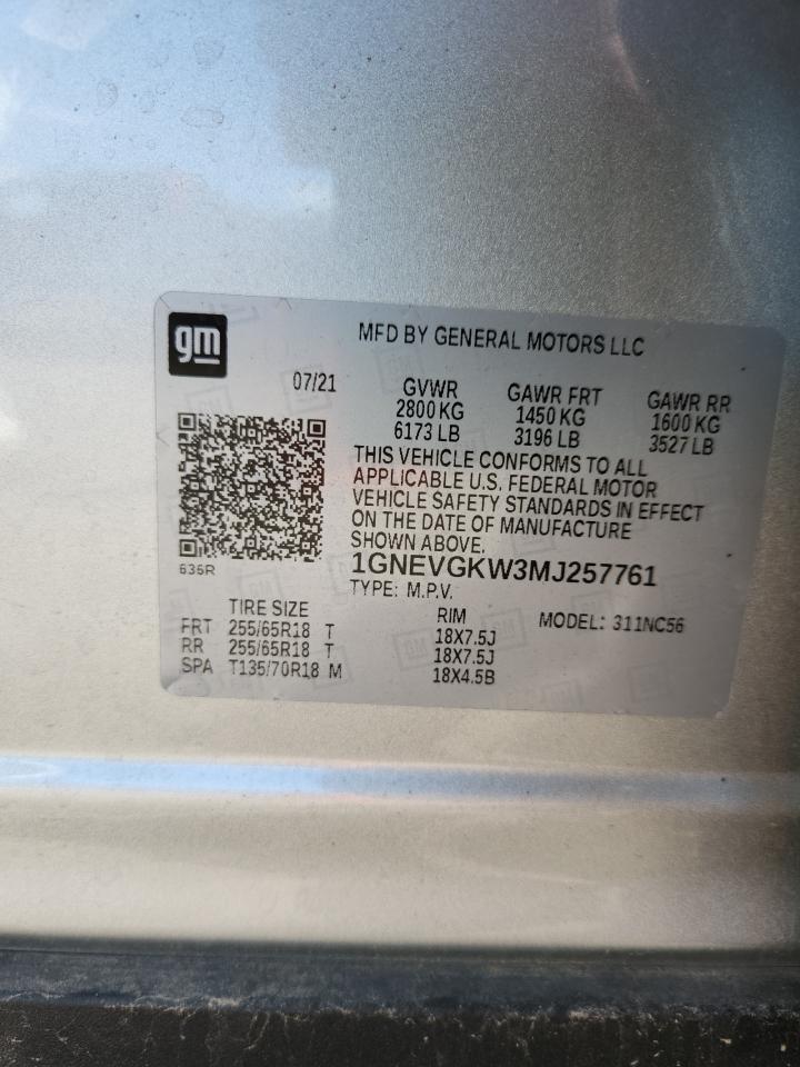 2021 Chevrolet Traverse Lt VIN: 1GNEVGKW3MJ257761 Lot: 81680645