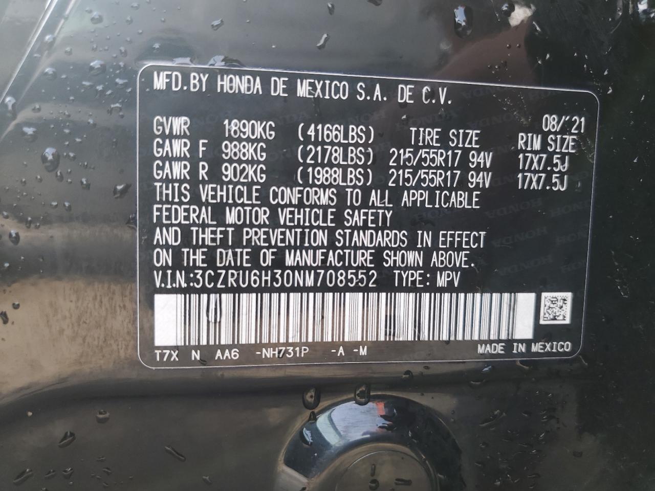 2022 Honda Hr-V Lx VIN: 3CZRU6H30NM708552 Lot: 81083235