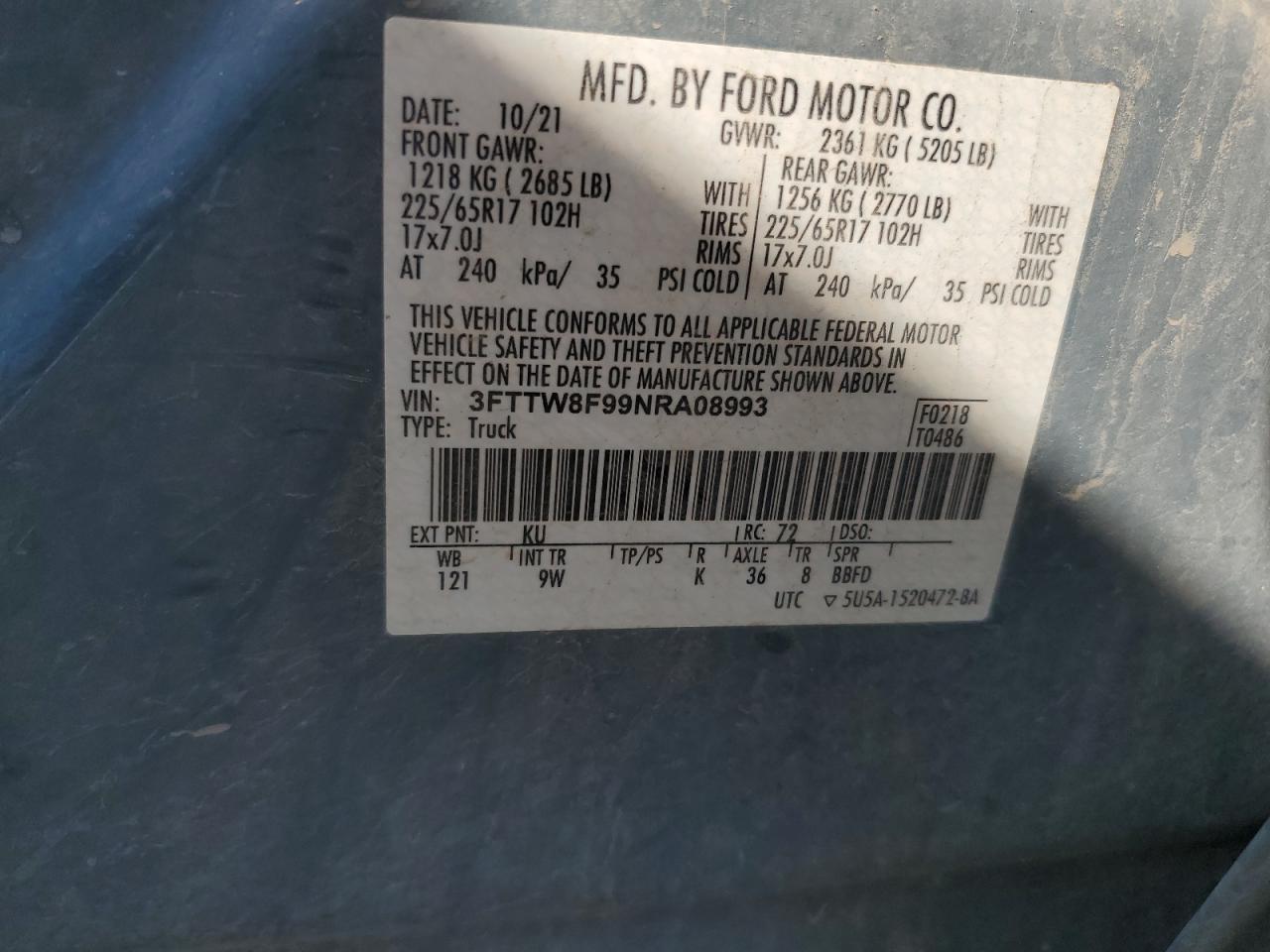 2022 Ford Maverick Xl VIN: 3FTTW8F99NRA08993 Lot: 71036555