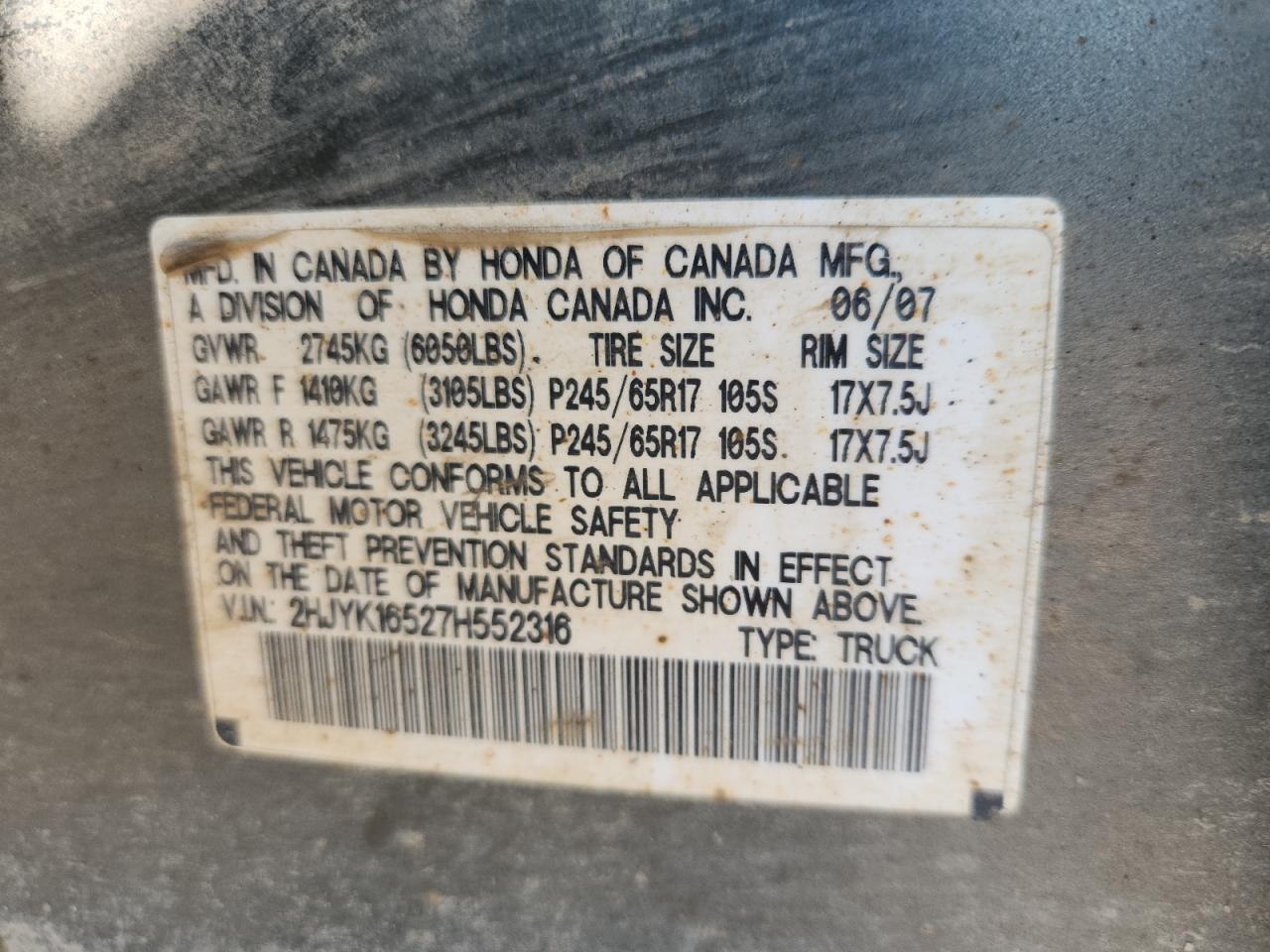 2007 Honda Ridgeline Rtl VIN: 2HJYK16527H552316 Lot: 71439055