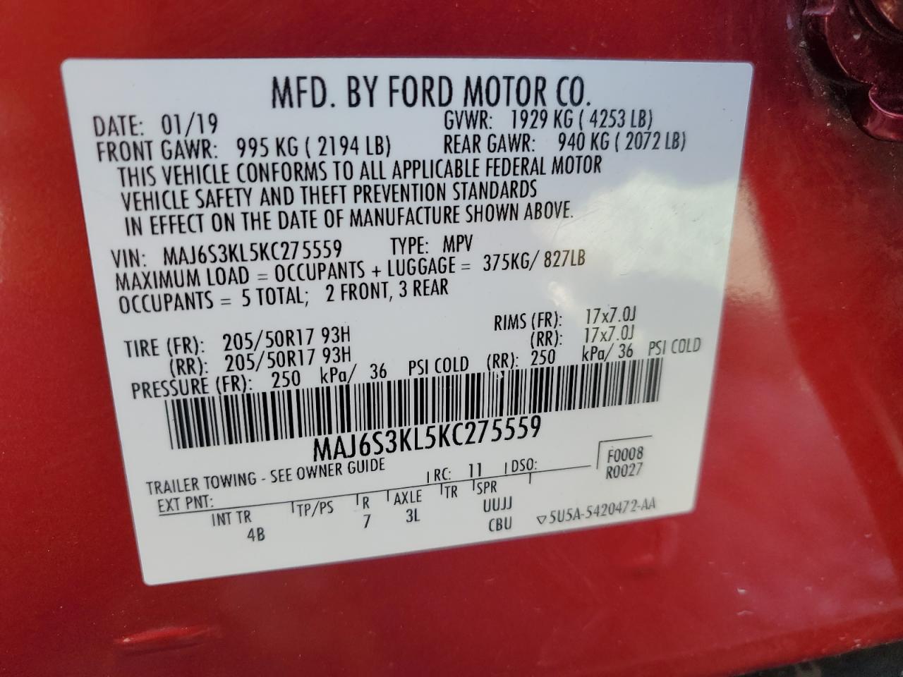 2019 Ford Ecosport Titanium VIN: MAJ6S3KL5KC275559 Lot: 71231135