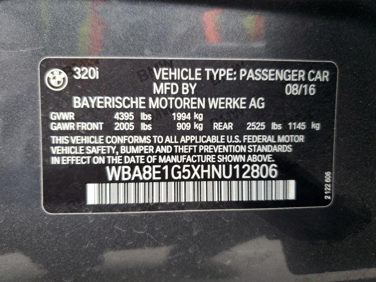 2017 BMW 320 I VIN: WBA8E1G5XHNU12806 Lot: 80405355