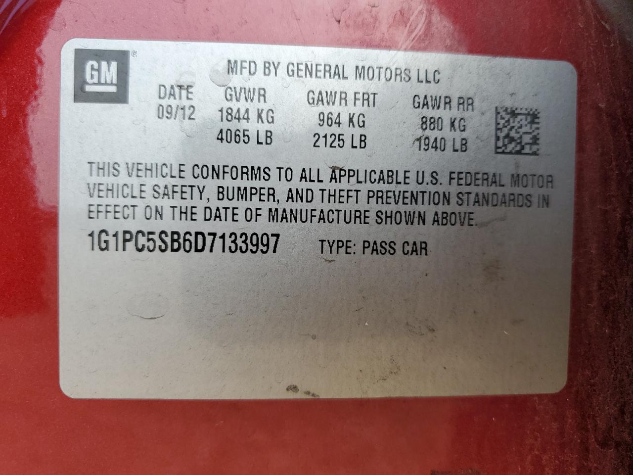 2013 Chevrolet Cruze Lt VIN: 1G1PC5SB6D7133997 Lot: 83861775