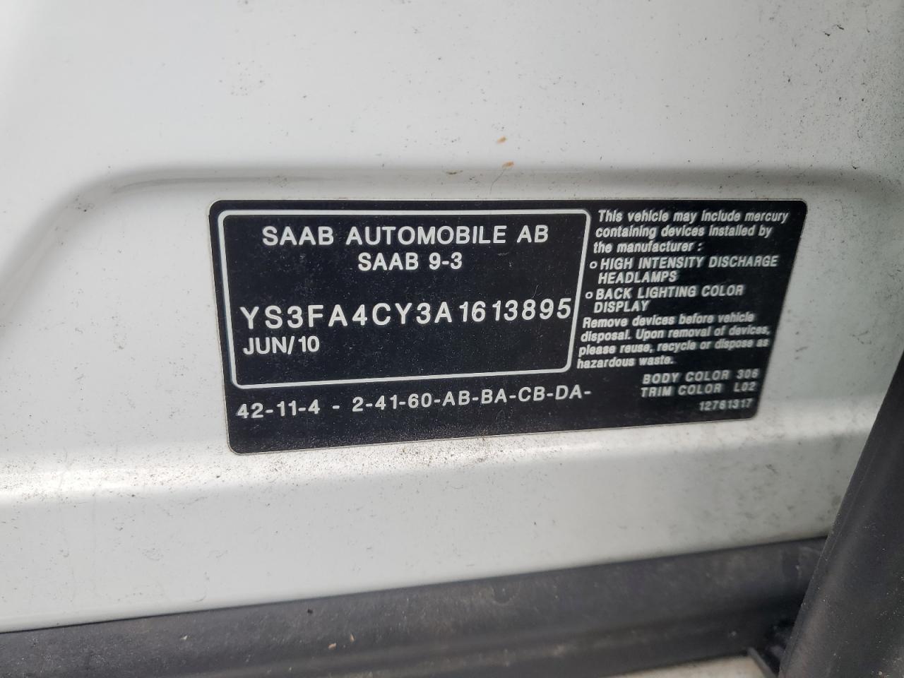 2010 Saab 9-3 2.0T VIN: YS3FA4CY3A1613895 Lot: 82133505