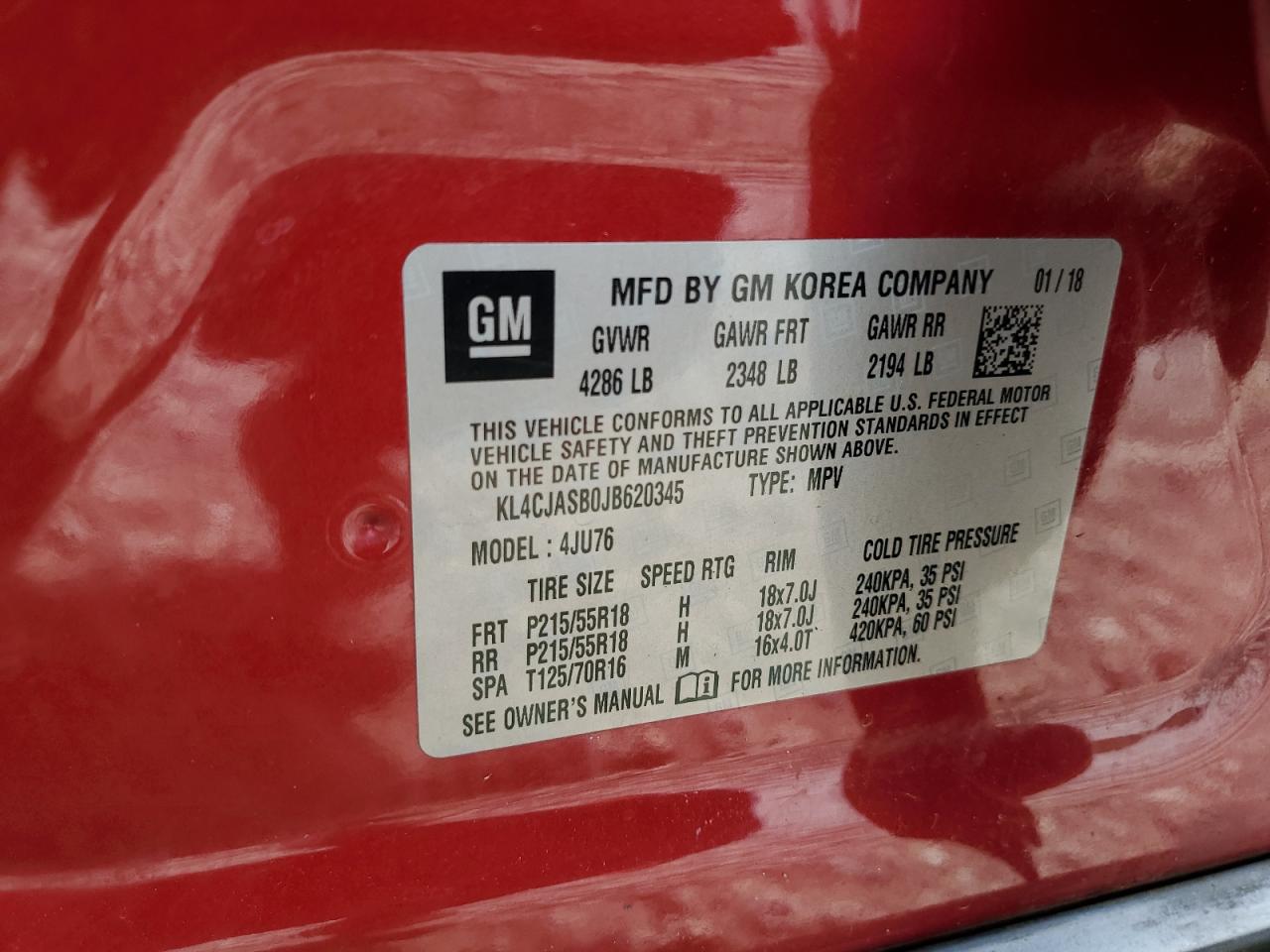 2018 Buick Encore Preferred VIN: KL4CJASB0JB620345 Lot: 80460085