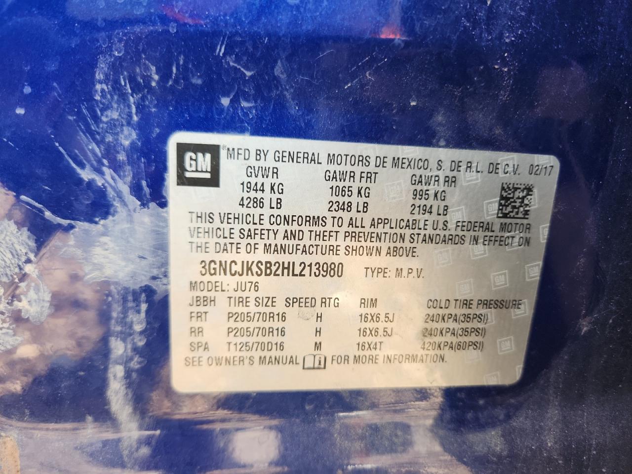 2017 Chevrolet Trax Ls VIN: 3GNCJKSB2HL213980 Lot: 71980975