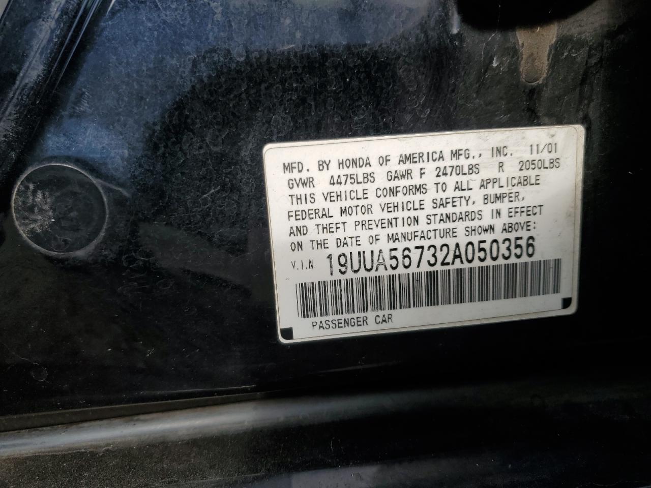 2002 Acura 3.2Tl VIN: 19UUA56732A050356 Lot: 70525625