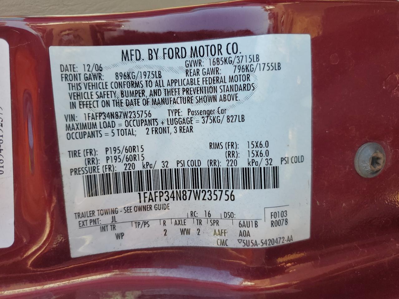 2007 Ford Focus Zx4 VIN: 1FAFP34N87W235756 Lot: 81437875