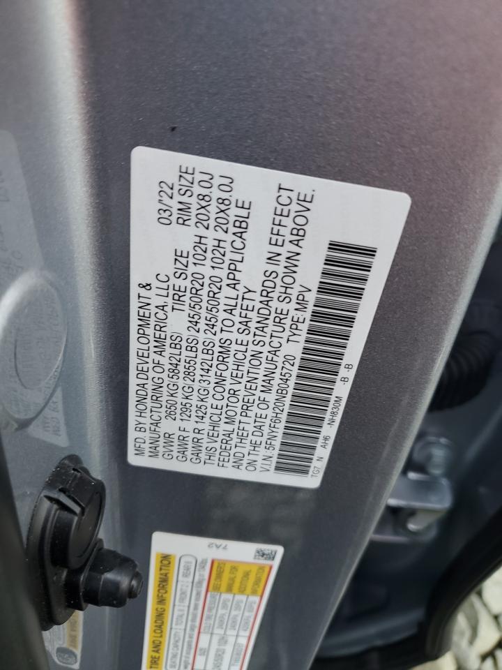 2022 Honda Pilot Se VIN: 5FNYF6H20NB045720 Lot: 84023595