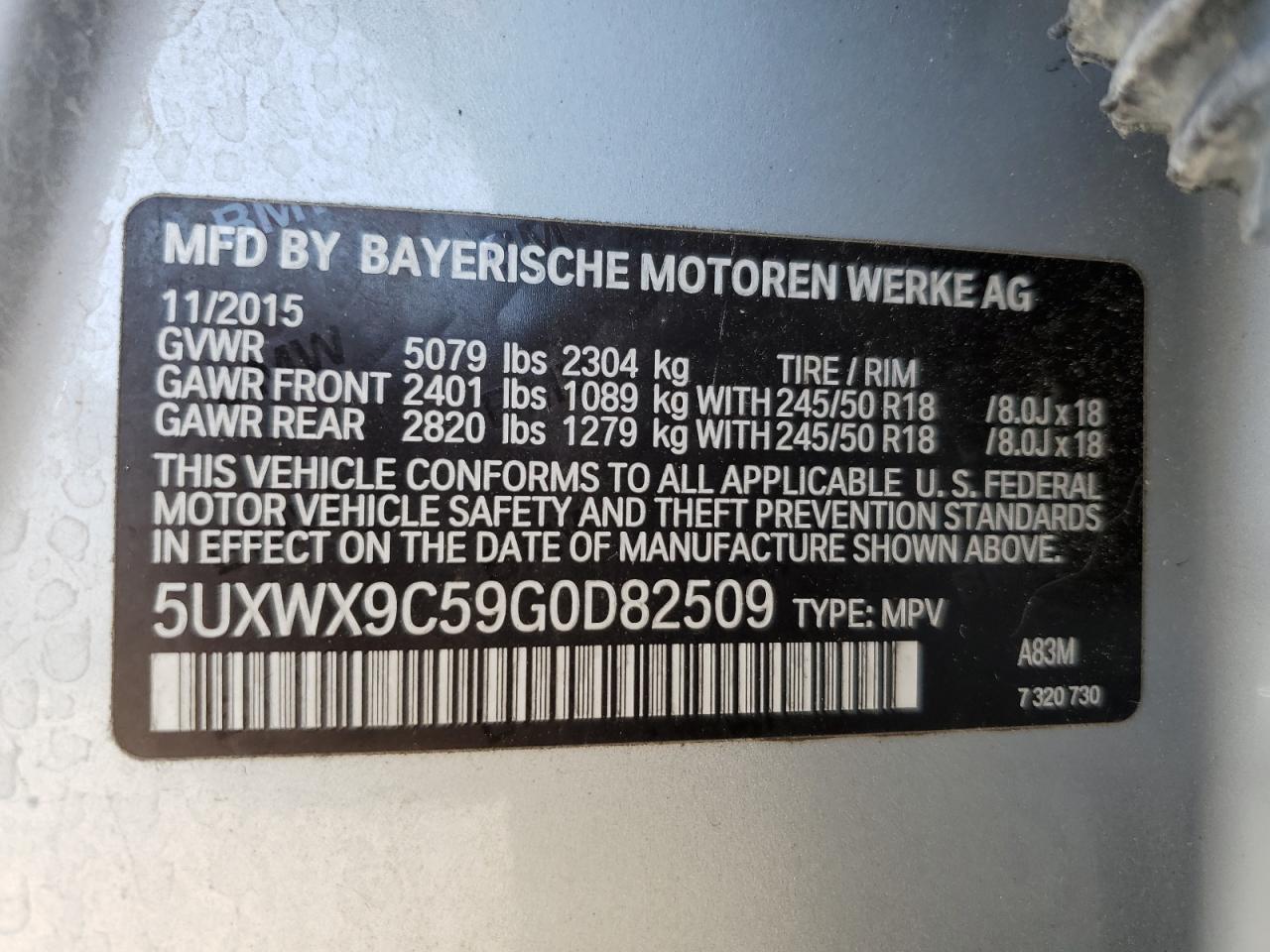 2016 BMW X3 xDrive28I VIN: 5UXWX9C59G0D82509 Lot: 80018585