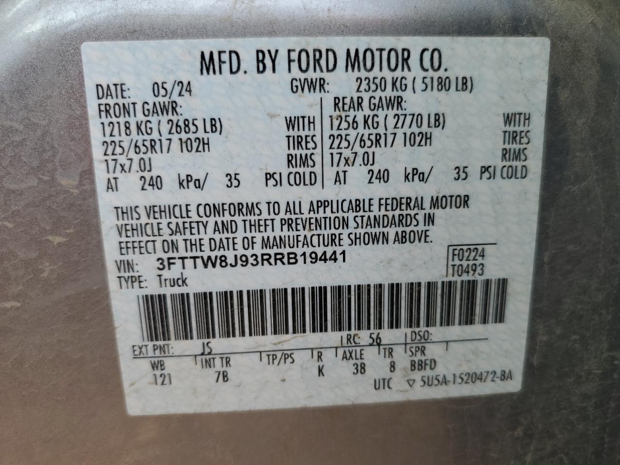 2024 Ford Maverick Xlt VIN: 3FTTW8J93RRB19441 Lot: 72006105