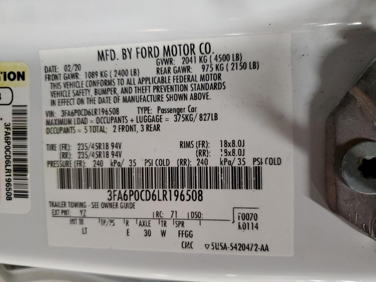 2020 Ford Fusion Sel VIN: 3FA6P0CD6LR196508 Lot: 81098905