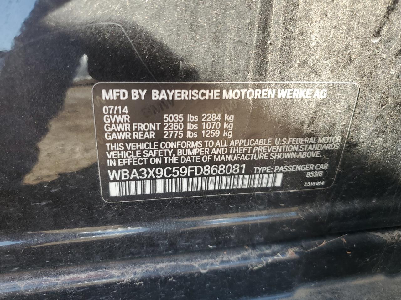 2015 BMW 335 Xigt VIN: WBA3X9C59FD868081 Lot: 83959945