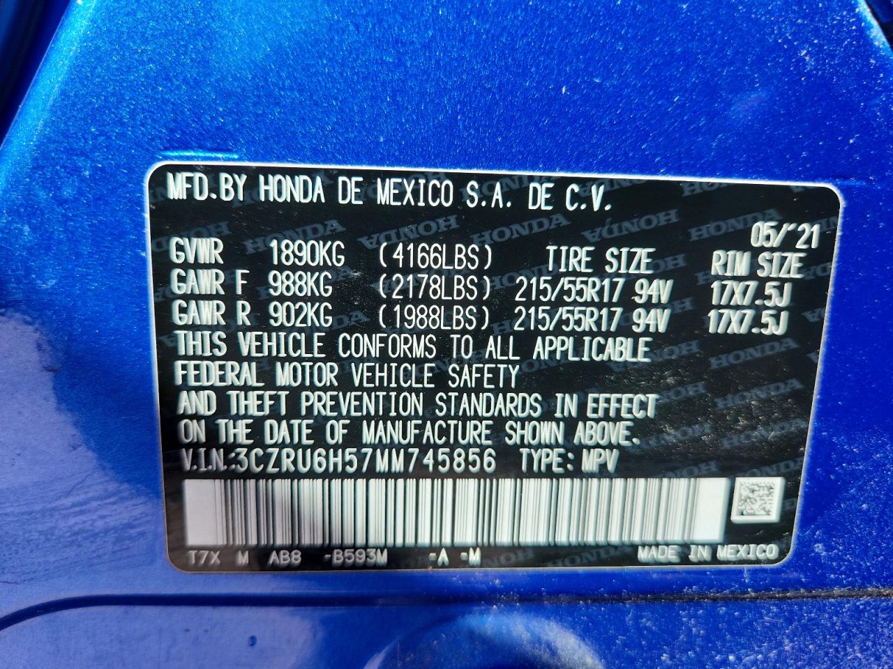 2021 Honda Hr-V Ex VIN: 3CZRU6H57MM745856 Lot: 84559215