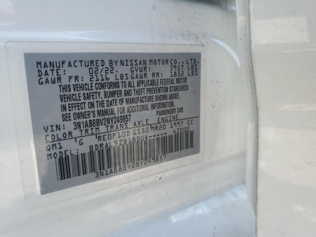 2022 Nissan Sentra S VIN: 3N1AB8BV2NY249857 Lot: 71399245