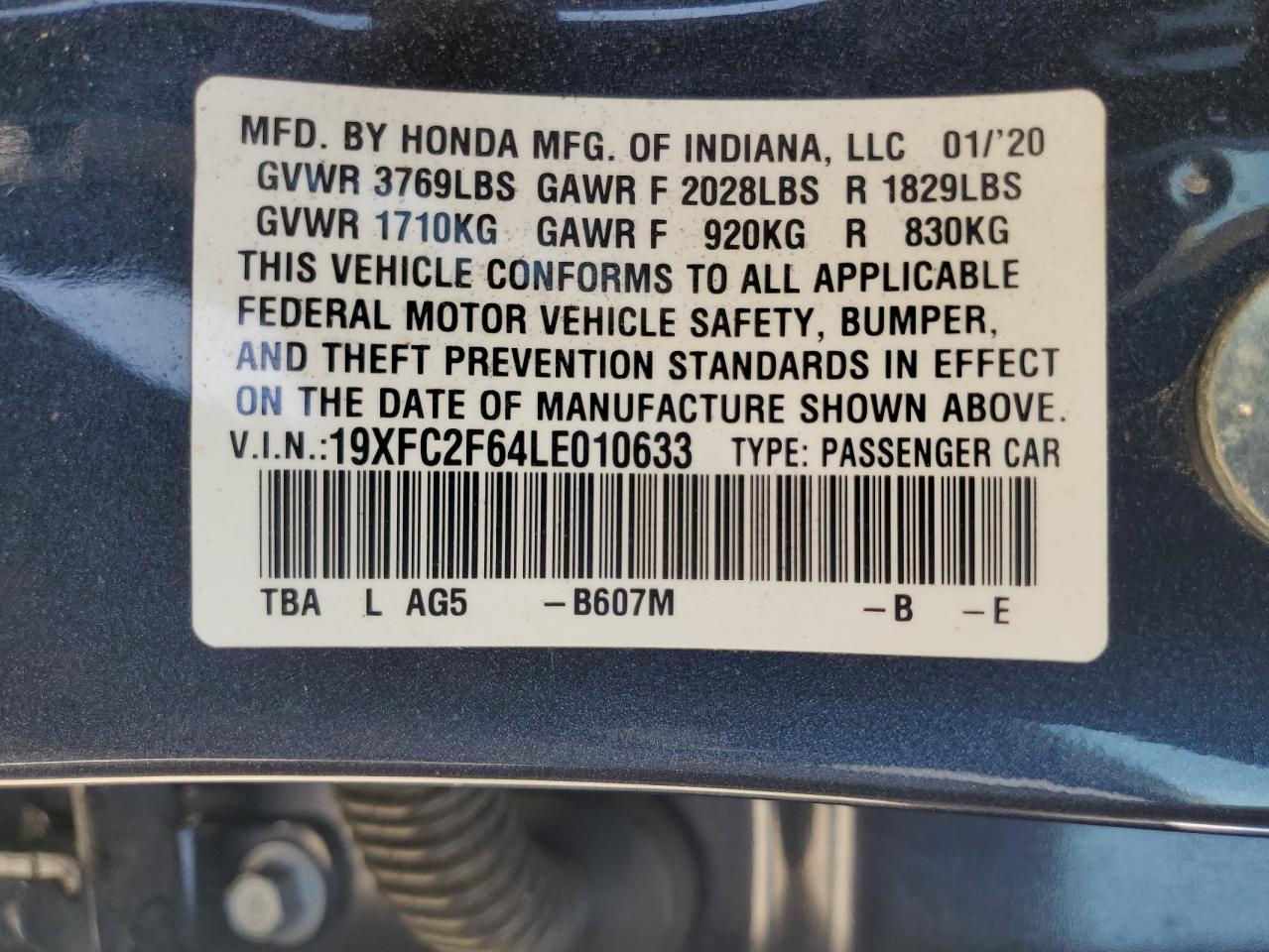 2020 Honda Civic Lx VIN: 19XFC2F64LE010633 Lot: 81749925
