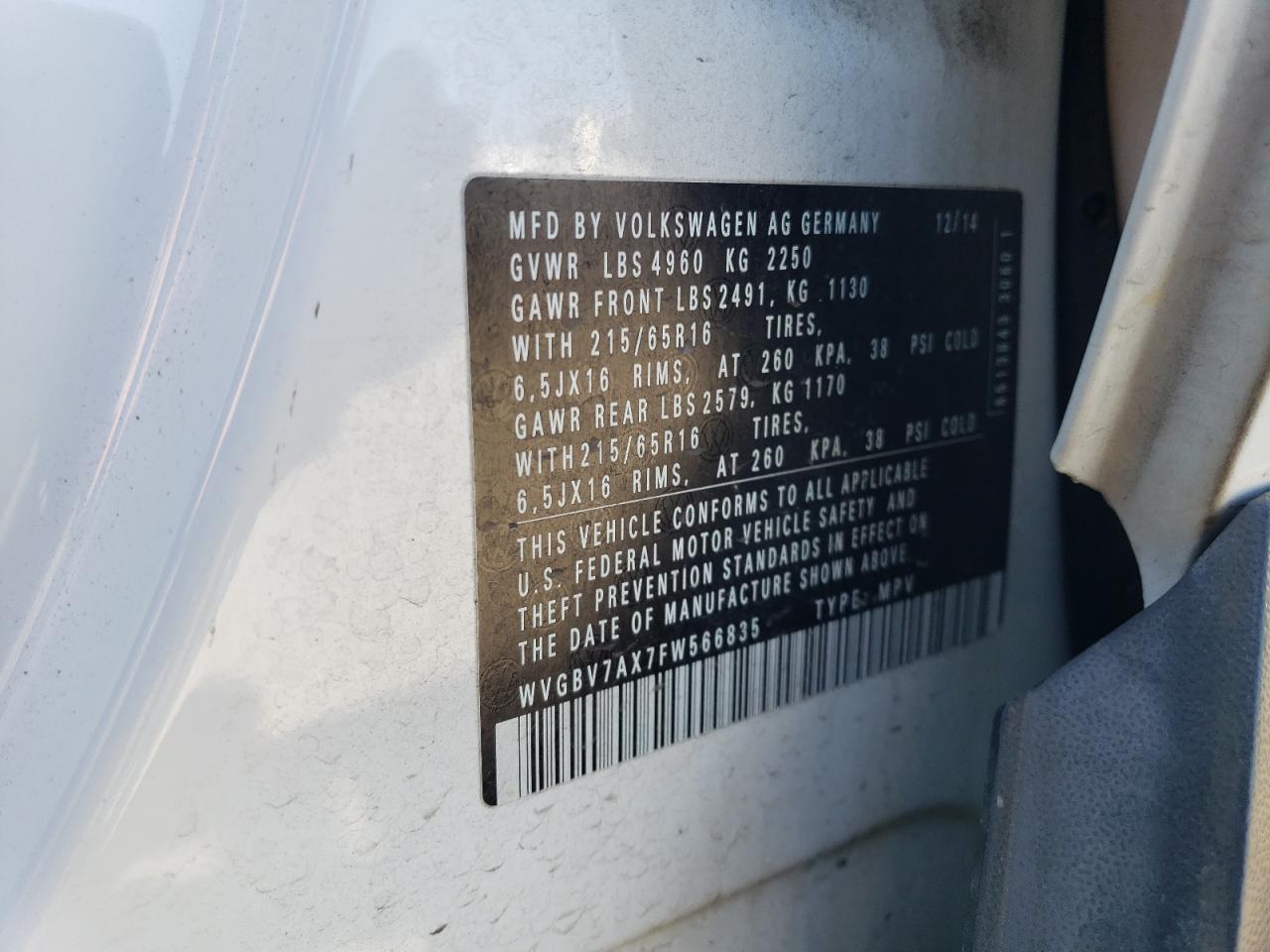 2015 Volkswagen Tiguan S VIN: WVGBV7AX7FW566835 Lot: 71472415
