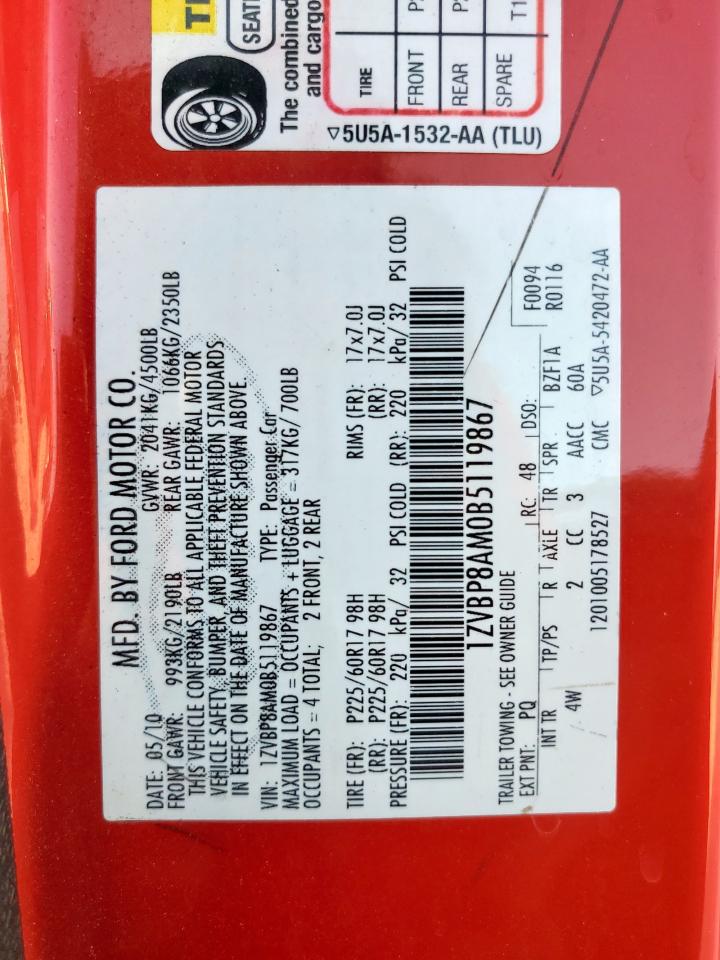 2011 Ford Mustang VIN: 1ZVBP8AM0B5119867 Lot: 80852775