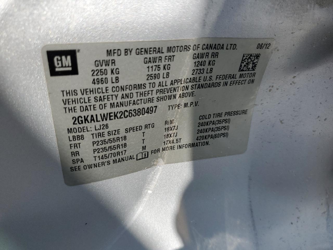 2012 GMC Terrain Slt VIN: 2GKALWEK2C6380497 Lot: 70707975