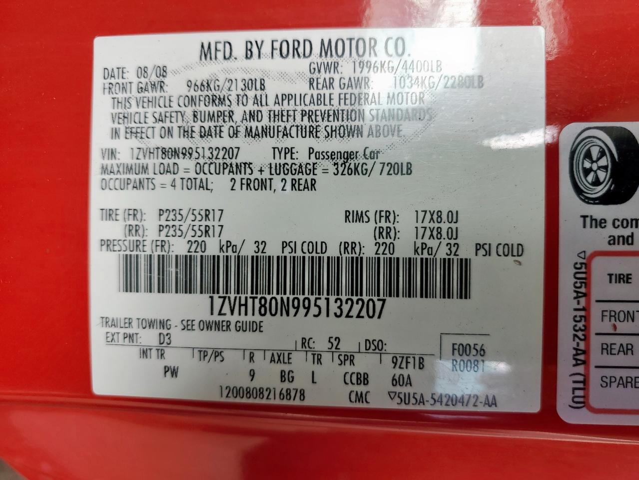 2009 Ford Mustang VIN: 1ZVHT80N995132207 Lot: 82106325