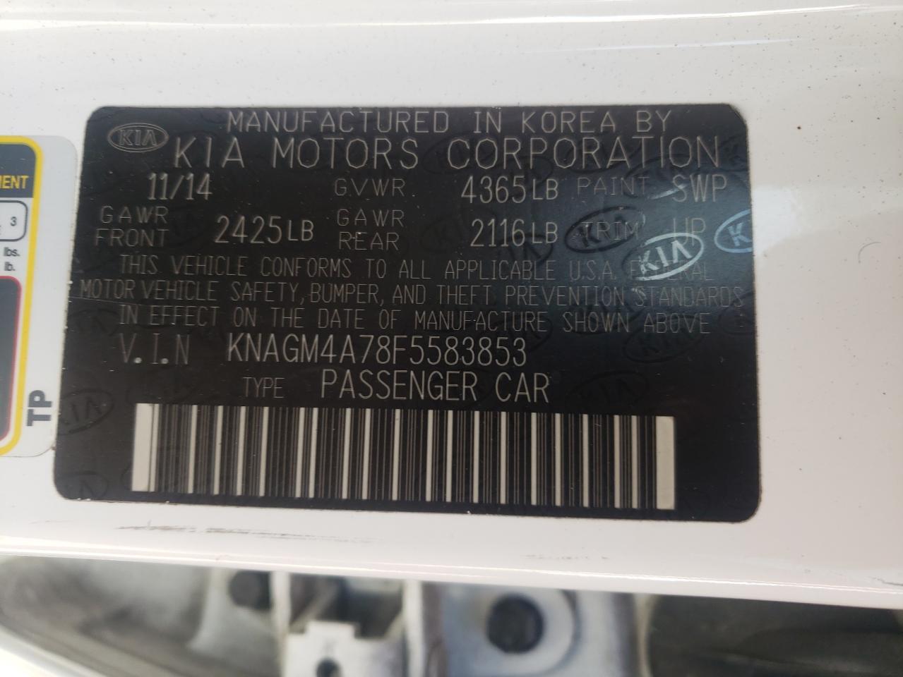 2015 Kia Optima Lx VIN: KNAGM4A78F5583853 Lot: 71774045