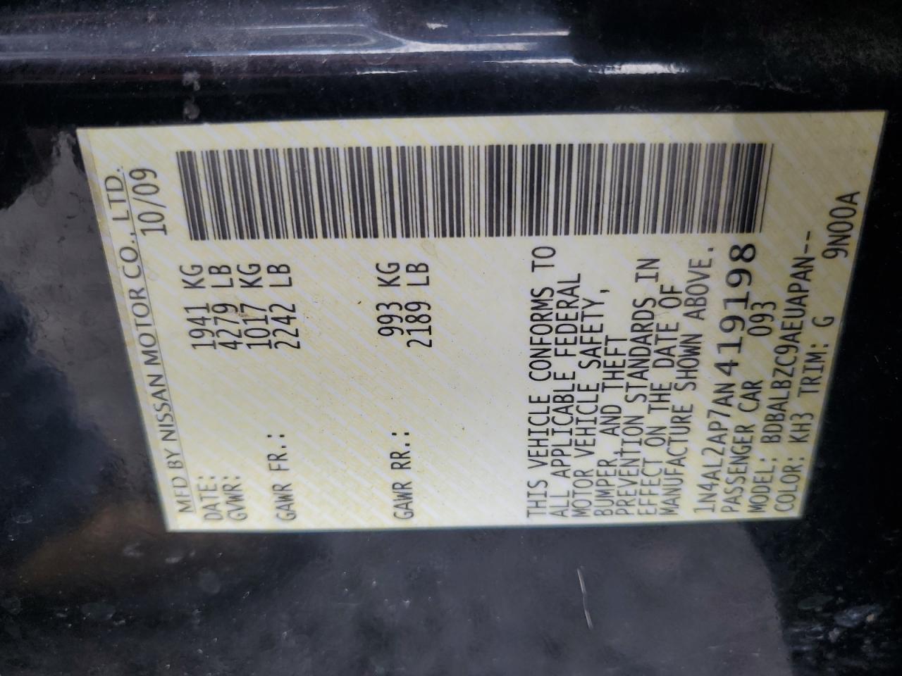 2010 Nissan Altima Base VIN: 1N4AL2AP7AN419198 Lot: 81559605