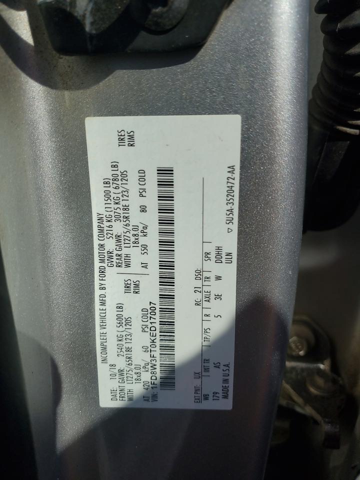 2019 Ford F350 Super Duty VIN: 1FD8W3FT0KED17007 Lot: 70010975