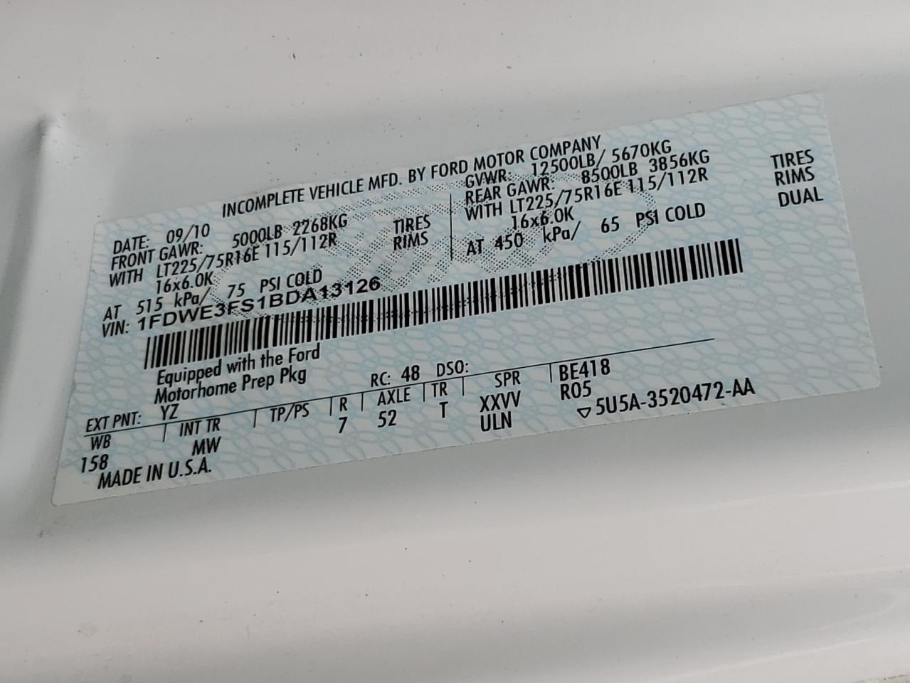 2011 Ford Econoline E350 Super Duty Cutaway Van VIN: 1FDWE3FS1BDA13126 Lot: 81740495