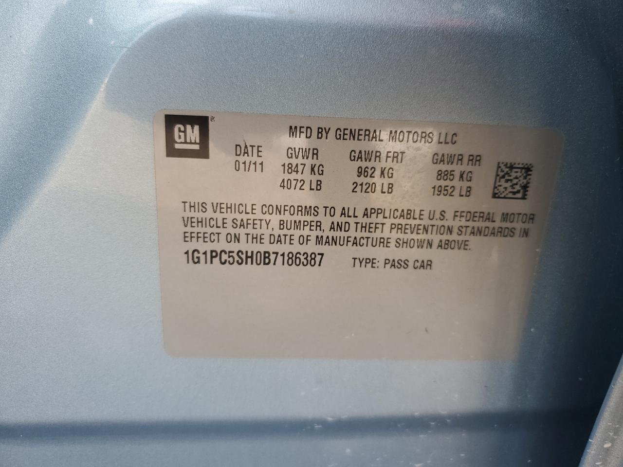 2011 Chevrolet Cruze Ls VIN: 1G1PC5SH0B7186387 Lot: 81776155