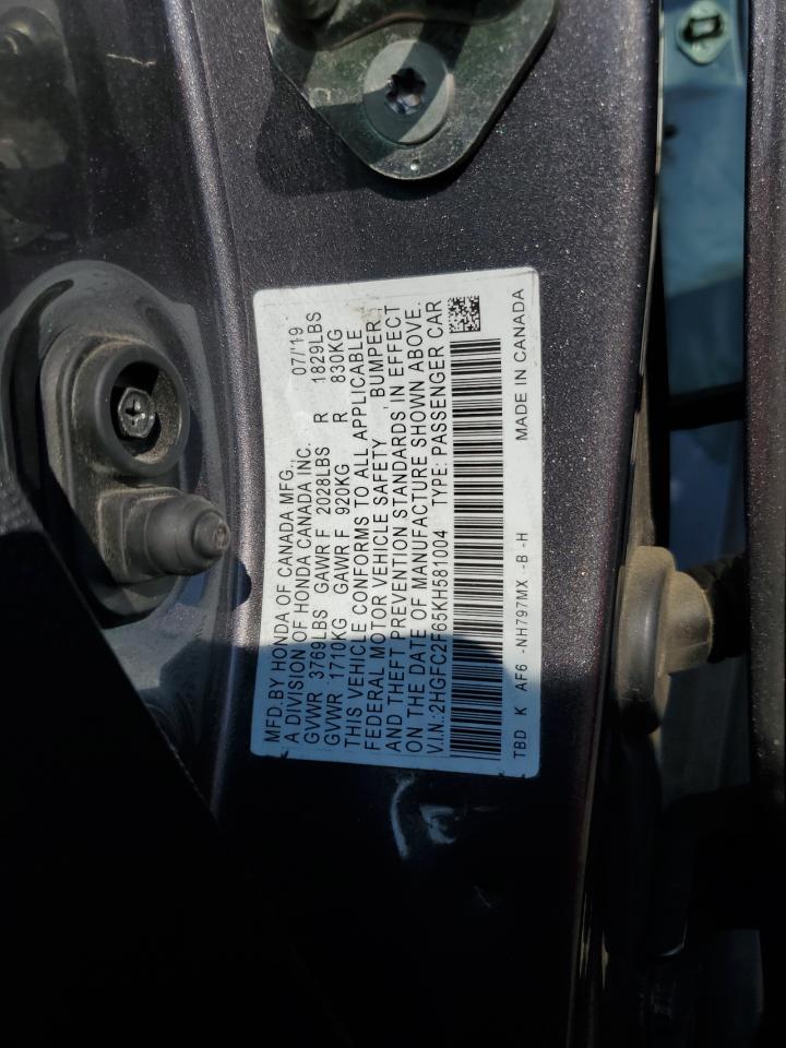 2019 Honda Civic Lx VIN: 2HGFC2F65KH581004 Lot: 70975895