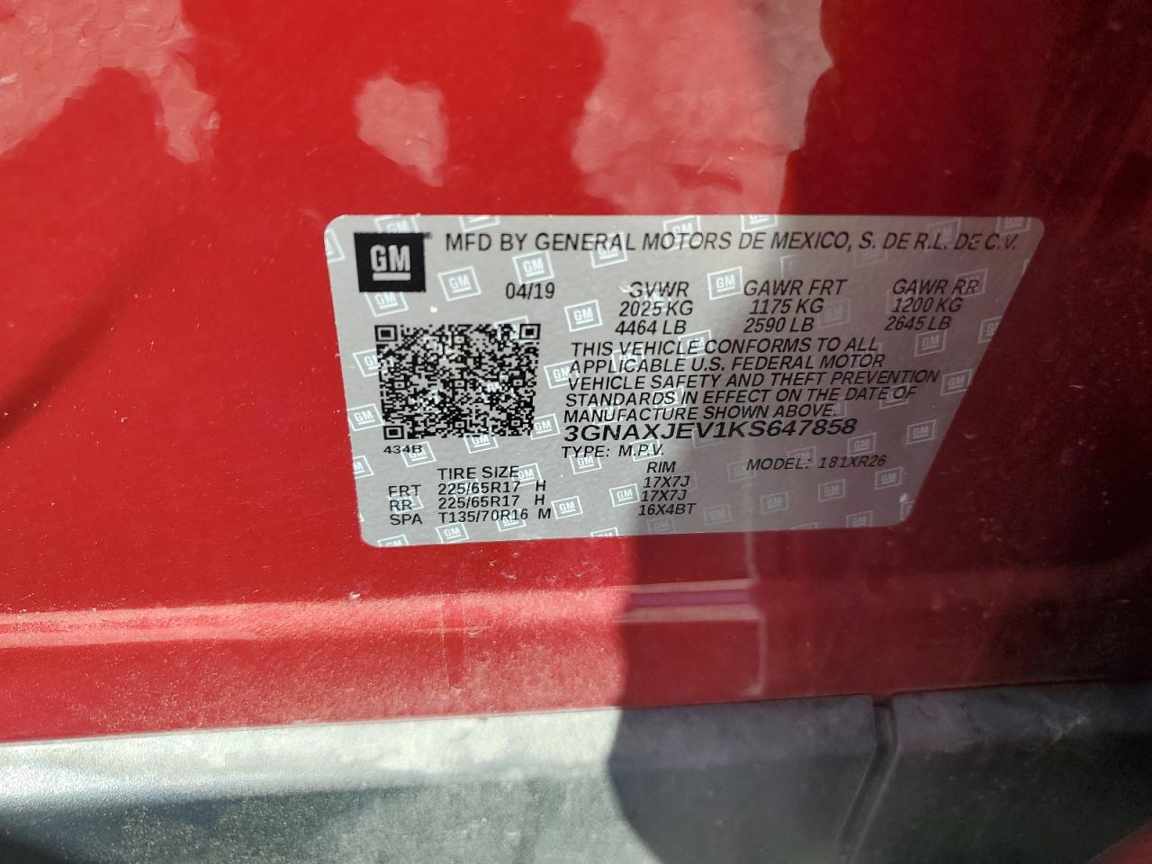 2019 Chevrolet Equinox Lt VIN: 3GNAXJEV1KS647858 Lot: 81779605