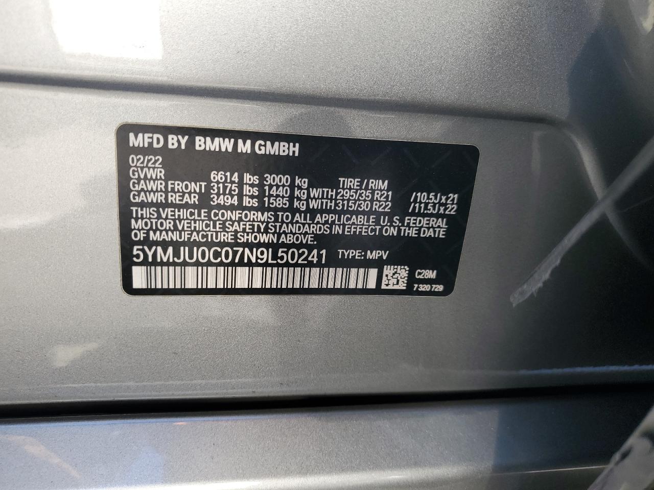 2022 BMW X5 M VIN: 5YMJU0C07N9L50241 Lot: 71059635