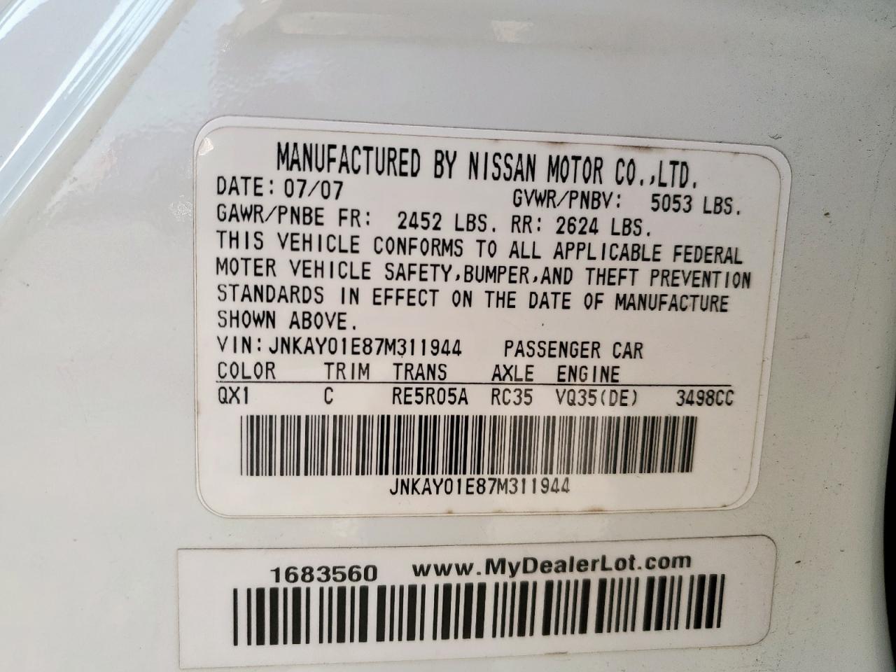 2007 Infiniti M35 Base VIN: JNKAY01E87M311944 Lot: 80433895