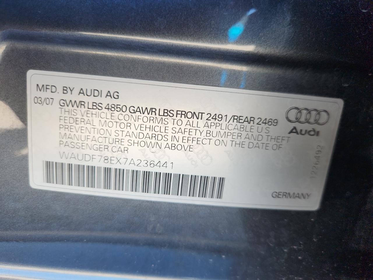 2007 Audi A4 2.0T Quattro VIN: WAUDF78EX7A236441 Lot: 82133555