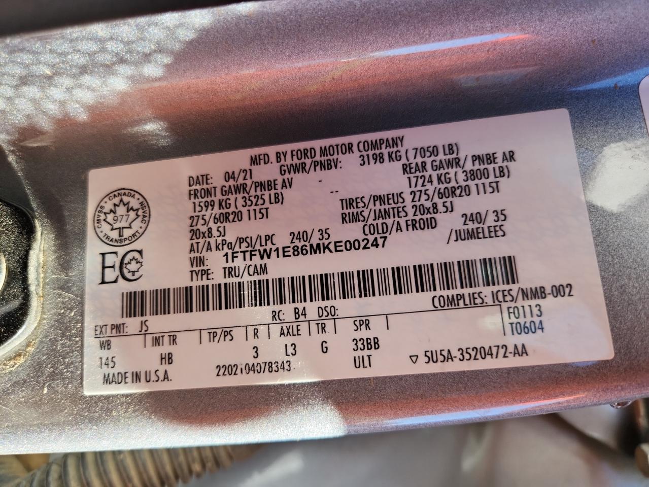 2021 Ford F150 Supercrew VIN: 1FTFW1E86MKE00247 Lot: 84049755