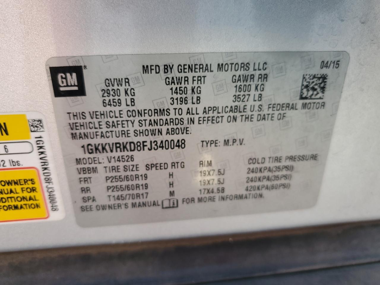 2015 GMC Acadia Slt-1 VIN: 1GKKVRKD8FJ340048 Lot: 84295535